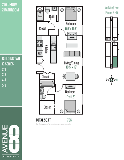 Floor plan for 2 beds, 2 baths, 766 sqft